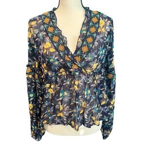 Meadow Rue by Anthropologie Navy Floral Sheer Embroidered Shirt Women's XS